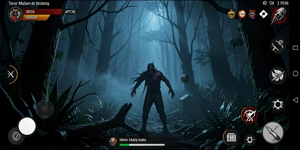 Tampilan gameplay yang menyeramkan di dalam hutan gelap.