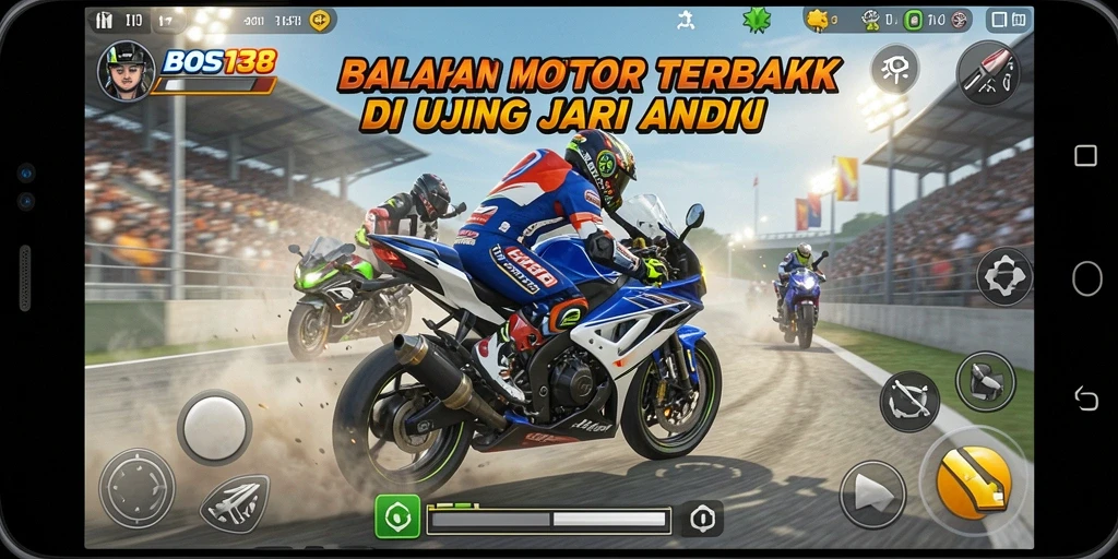 Screenshot gameplay BOS138 menampilkan aksi balapan motor yang mendebarkan.