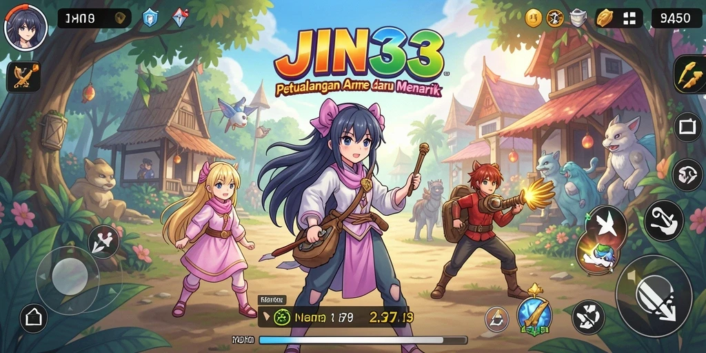 Tangkapan layar gameplay JIN33 yang menampilkan pertarungan karakter anime.