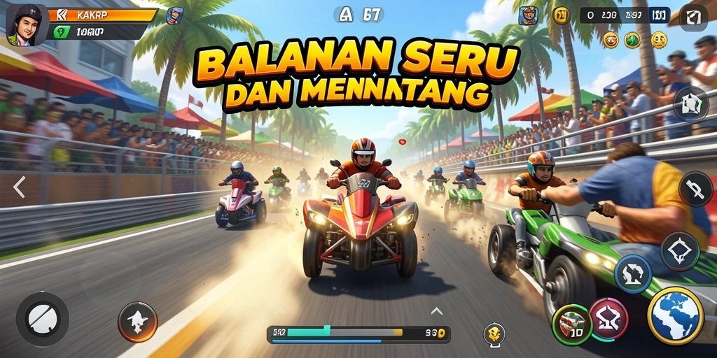 Tangkapan layar utama KAKRP yang menampilkan aksi balapan mendebarkan.