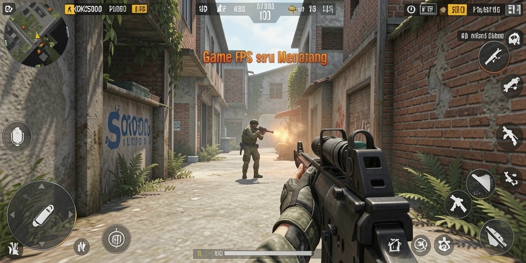 Screenshot dari gameplay KOKO5000 yang menampilkan aksi tembak-menembak yang intens.