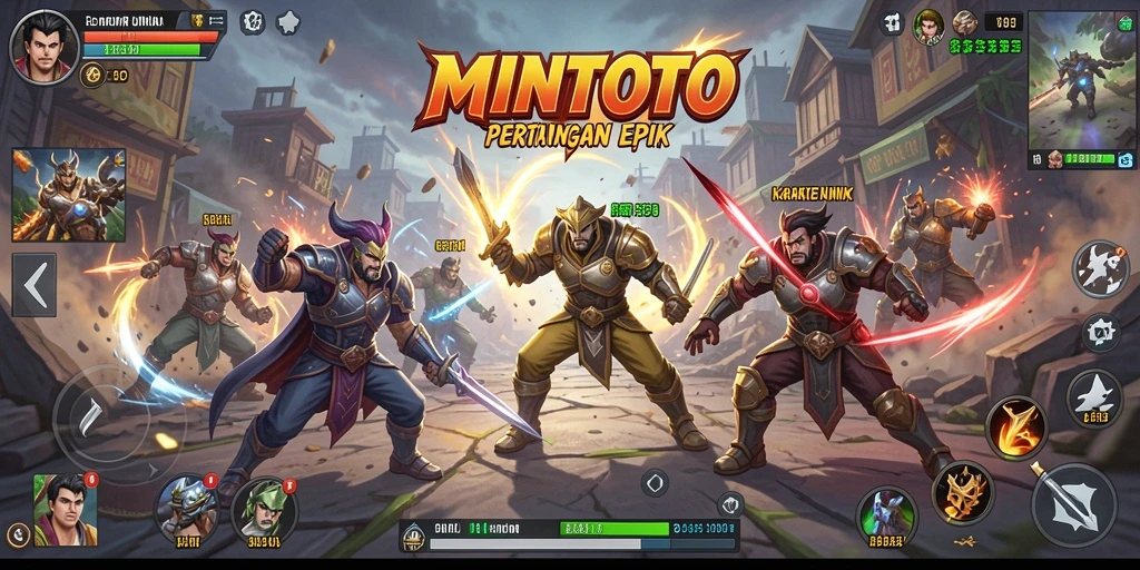 Screenshot utama MINTOTO menampilkan pertarungan intens antara karakter dengan efek visual yang mengagumkan.