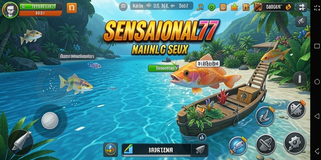 Tampilan utama gameplay SENSATIONAL77 saat menangkap ikan dengan grafik yang menawan.
