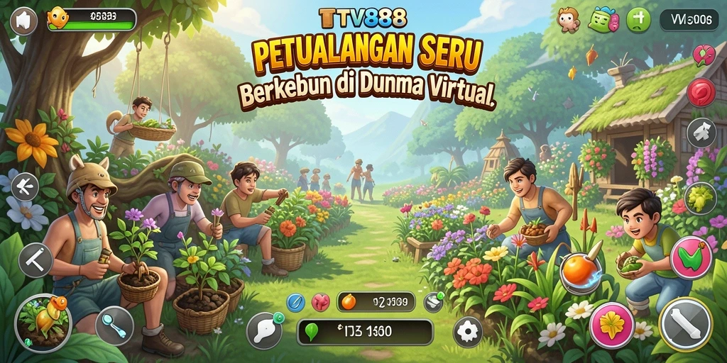 Tampilan gameplay TV888 dengan berbagai aktivitas berkebun.