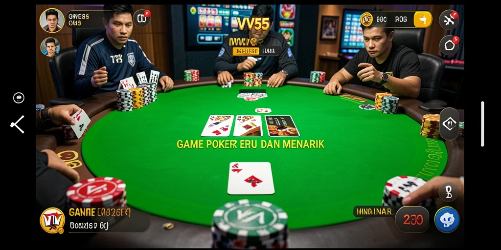 Screenshot gameplay VV55 menunjukkan aksi poker yang mendebarkan.